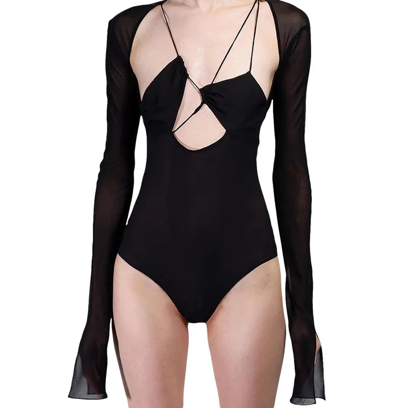 Woman's Bodysuits Summer Solid Color Long Sleeve Splice Sexy hollow-out Fashion Woman Bodysuits Dropshipping YMEK20K09854