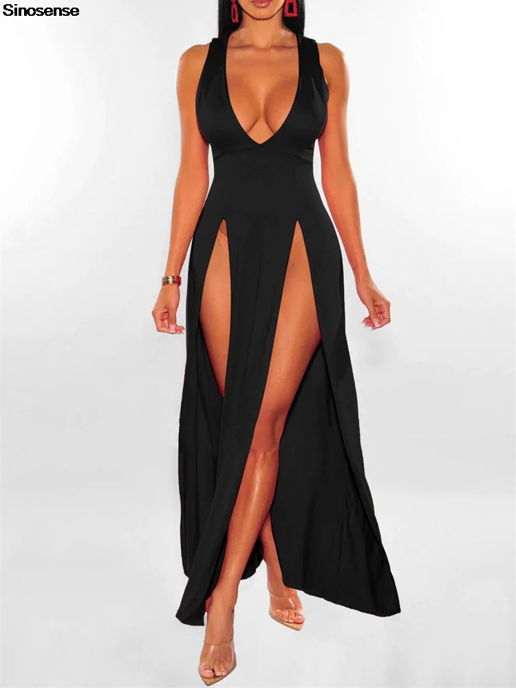 Womens Side Split Deep V Neck Bodycon Clubwear Maxi Vest Dress Sexy Sleeveless Bandage Slim Evening Cocktail Party  Long Dress