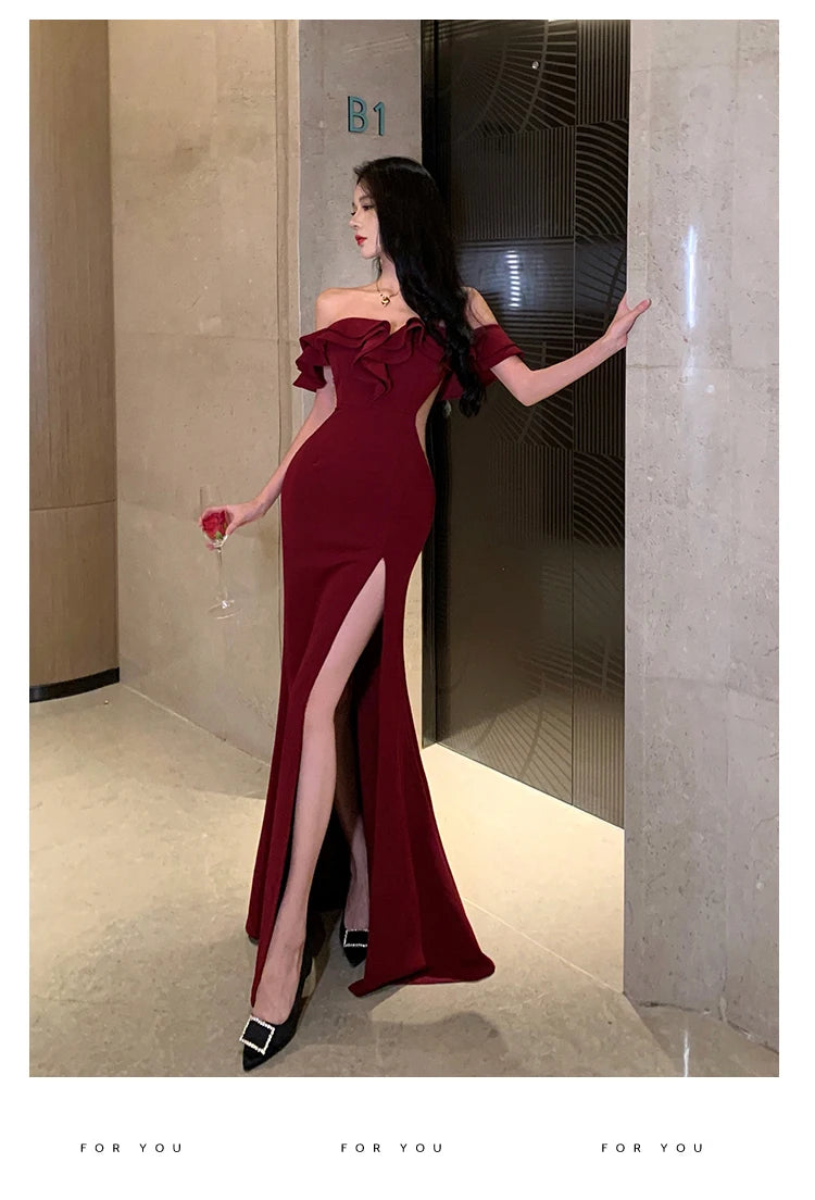 Women Sexy Bodycon Off Shoulder High Split Long Dresses Wedding Evening Party Prom Robe Ruffles Slash Neck Summer New Vestidos