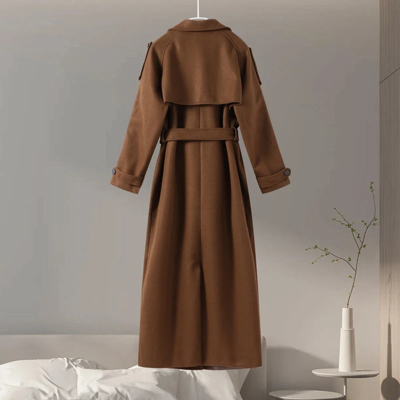Urban Solid Double Breasted Long Women Coat Casual Full Sleeve Belt Double Breasted Female Jacket 2024 Autumn Winter Lose Lady