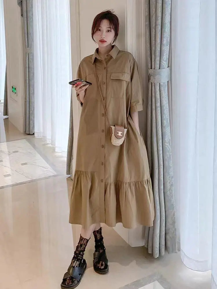 plus Size Khaki Shirt Dress Women Casual Summer Loose Fit High Waist A-Line Skirt Long Sleeve Polo Collar Polyester Fiber