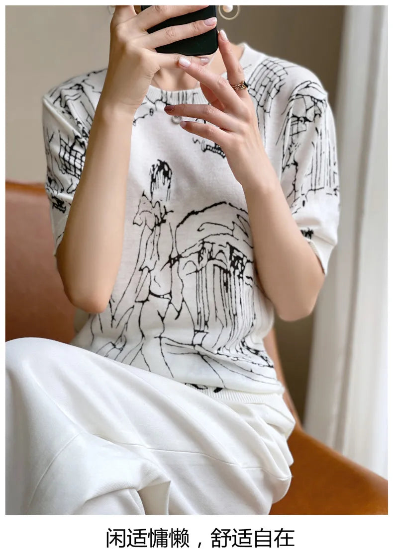 2022 new cashmere short sleeve spring and summer women's fashion short sleeve O-neck Pullover cashmere sweater graffiti short sl