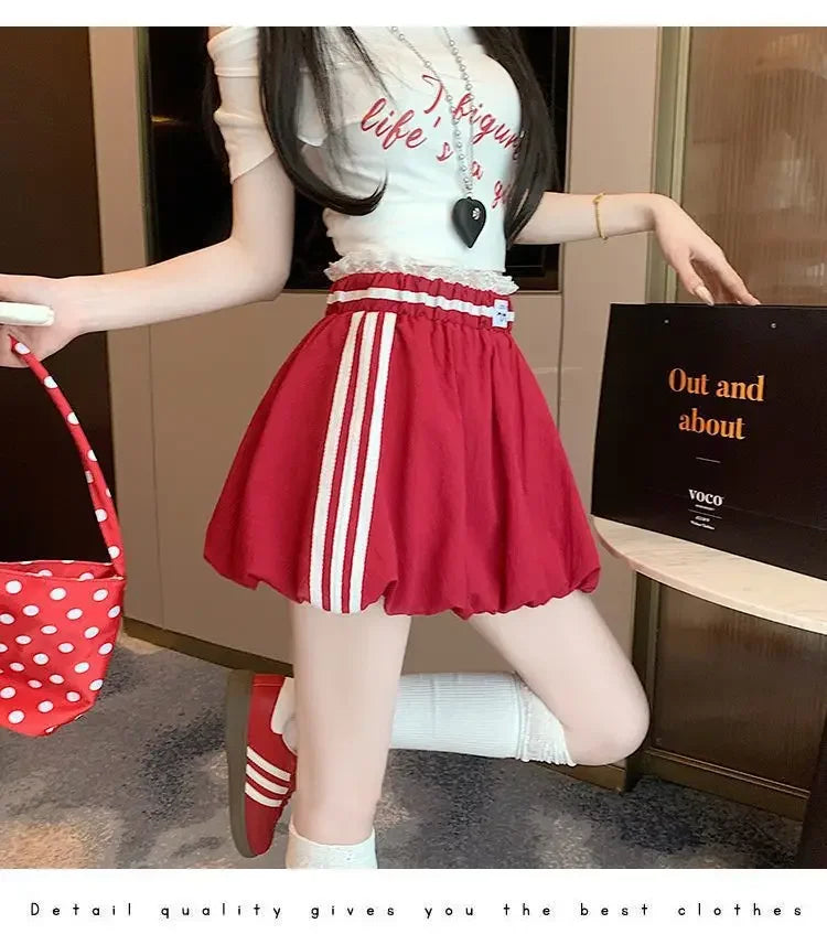 American Style Spliced Lace Stripe High Waist Half Skirt Women Summer Anti Exposure Flower Bud Puffy Short Skirt Polyester Fiber