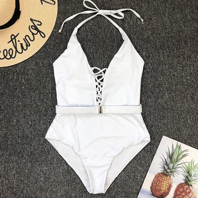 2025 Sexy Lace Up Halter Female Swimwear One Piece Swimsuit Women Backless Monokini with Waist Belt Bathing Suit Swim Bodysuit