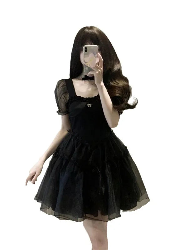 2023 Summer New Black Yarn Dress Fluffy Small Short Square Neck Spicy Girl Sweet Style Small Puff Sleeve Sexy Lovely Short FO30