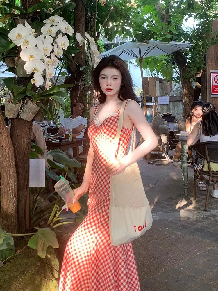 Women Summer Red Plaid Maxi Dress Spaghetti Strap Lace Trim Ruffle Hem Slim Fit Long Dress Elegant Vacation Beach Outfit 2025