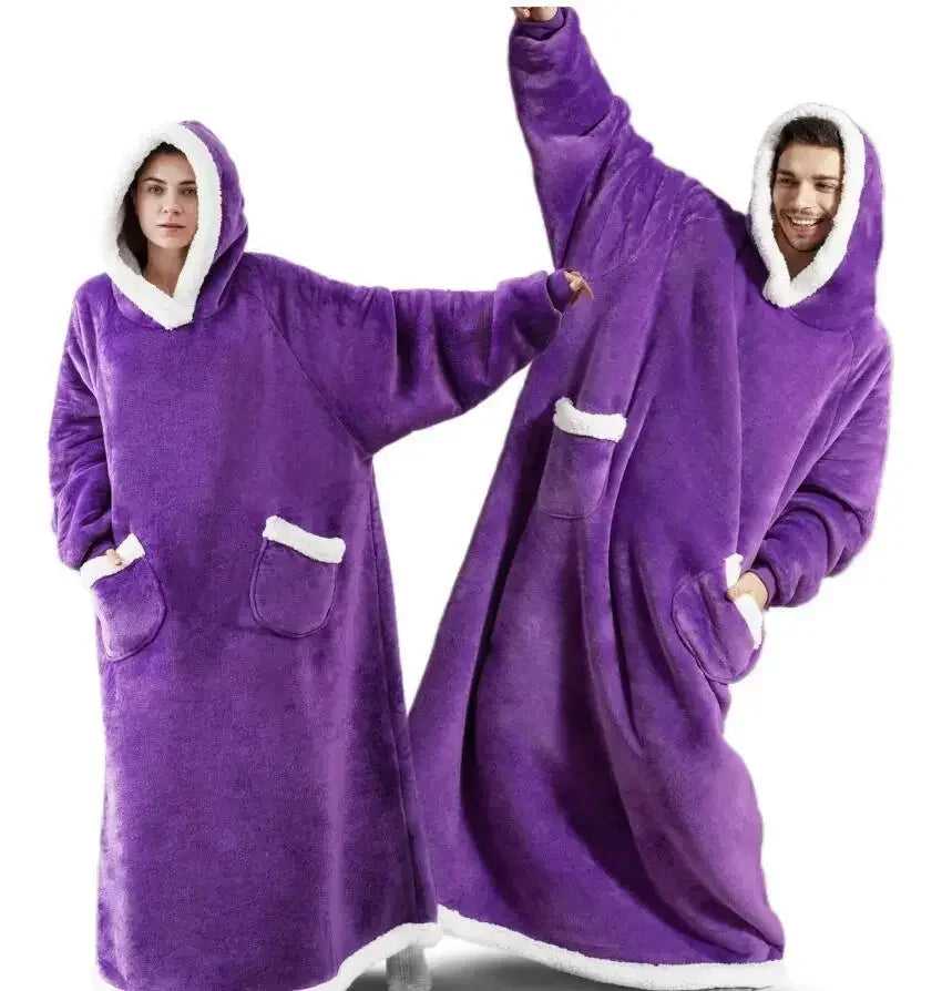 2024 Winter Super Long Flannel Blanket Winter Hoodies Sweatshirt Women Men Pullover Fleece Giant TV Oversized Blanket