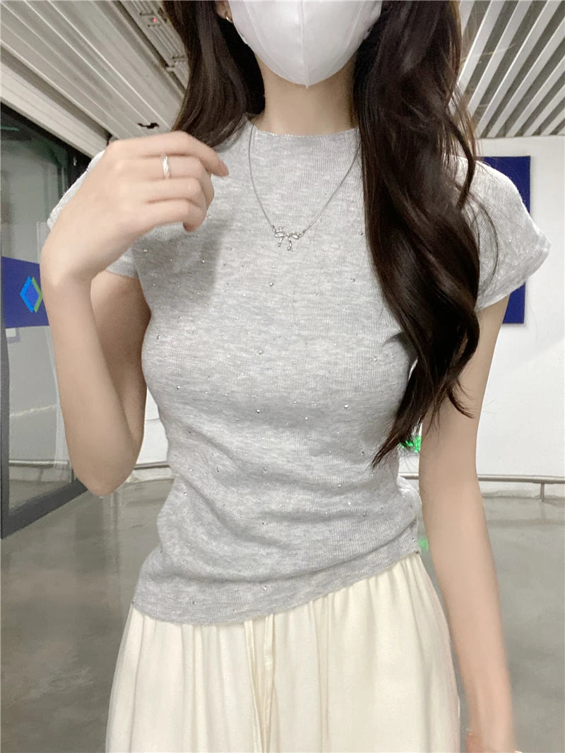 Blue Bead Knitted Top Women's Slim Fit ort Sve round Ne T-irt Summer 2025 New Design Commute Sle Knittedwear