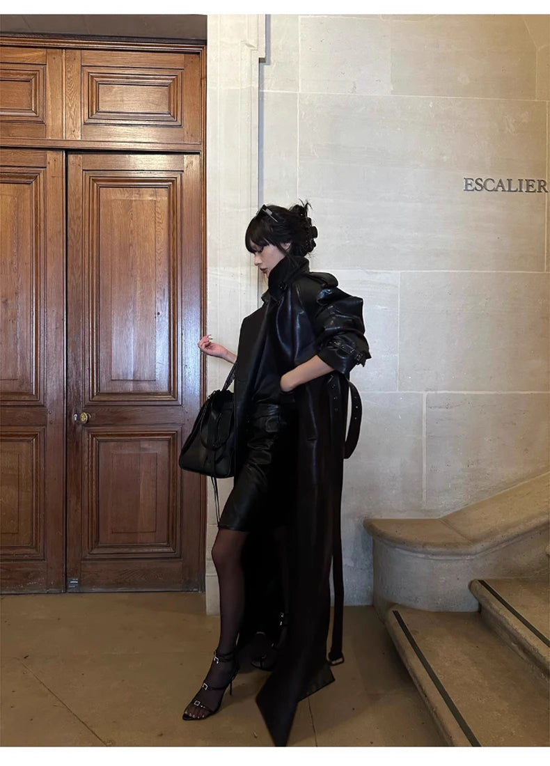 Lautaro Spring Autumn Extra Long Black Pu Leather Trench Coat for Women with Back High Slit Luxury Chic European Fashion 2024
