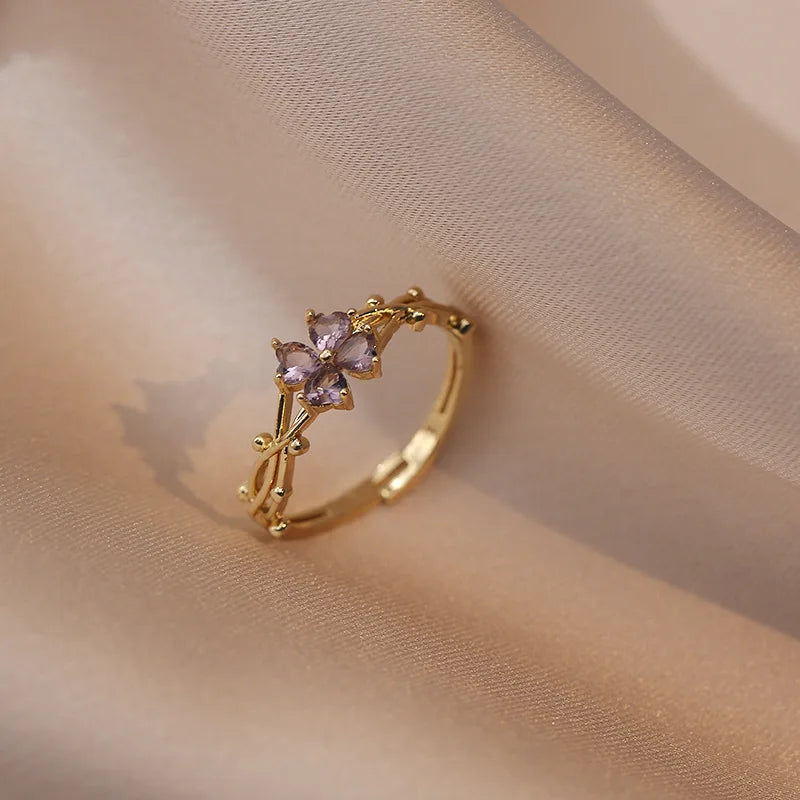 Ins Purple Zircon Flower Index Finger Rings For Women Gold Color Adjustable Charm Wedding Bands Girls Bar Party Jewelry Gifts CZ