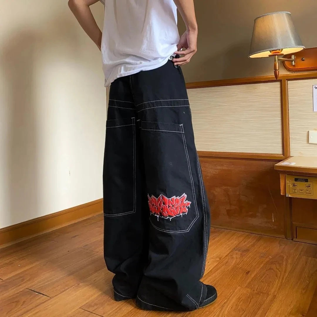 Personality Trend Hip Hop Rock Wide Leg Pants for Men's Y2k High Street Baggy Color Block Cool Style Straight Pants Print Pants