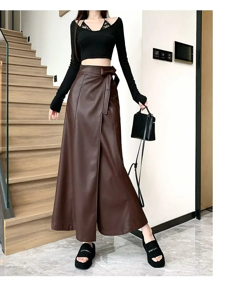 Women Clothing Autumn Winter Vintage Elegant Lace-up PU Leather Long Skirts Female Red High Waist Slim A-line Maxi Skirt Faldas