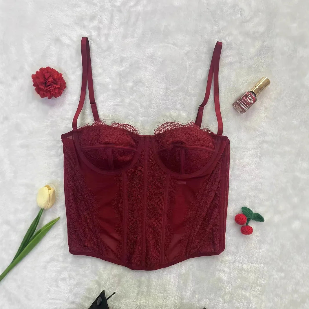 Sexy Gathered Tight Fitting Corset Top Lace Trimmed Transparent Pure Desire Tank Top Polyester Fiber Material From China Mainlan