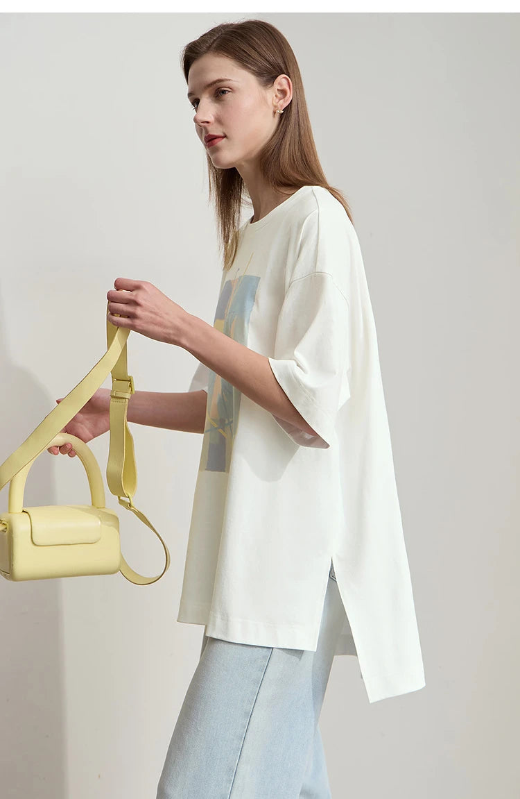 Amii Minimalist Summer T-shirt Women Irregular Design Tops Casual O-neck Abstract Print Loose Dropped Shoulder T-shirt 12522081