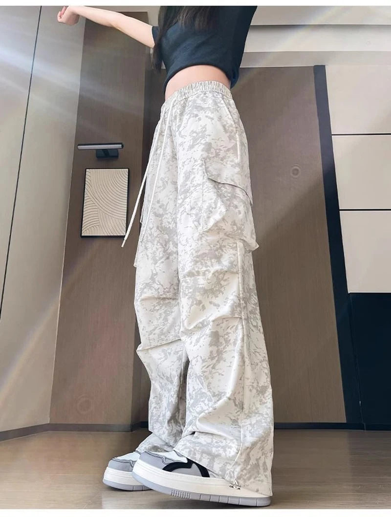 Zoki Tie Dye Streetwear Cargo Pant Women Vintage Loose High Waist Y2K Trousers Harajuku American Casual Summer Bf Wide Leg Pants