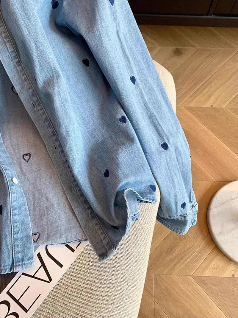 American Retro Blue Soft Denim Shirt Women's Spring Autumn Heart Print Thin Coat Casual Versatile Loose Long Sleeve Top Shirt