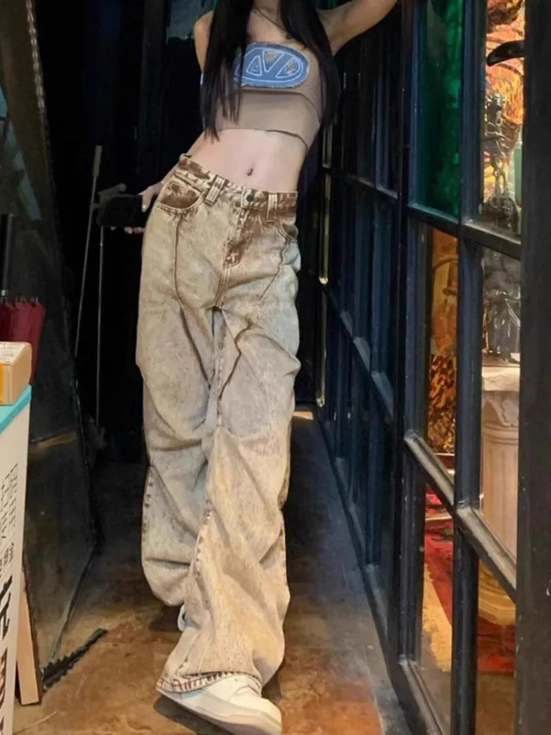 American Khaki Desert Fengshui Wash Jeans Retro Pleated Design Loose Fashion Street Hot Girl Casual High Waist Wide Leg Jeans