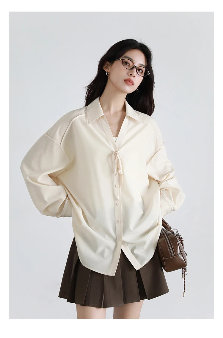 CHIC VEN Women Shirt Loose Casual Solid New Lapel Tie Design Sun Protection Blouses Long Sleeved Female Coat Summer 2025
