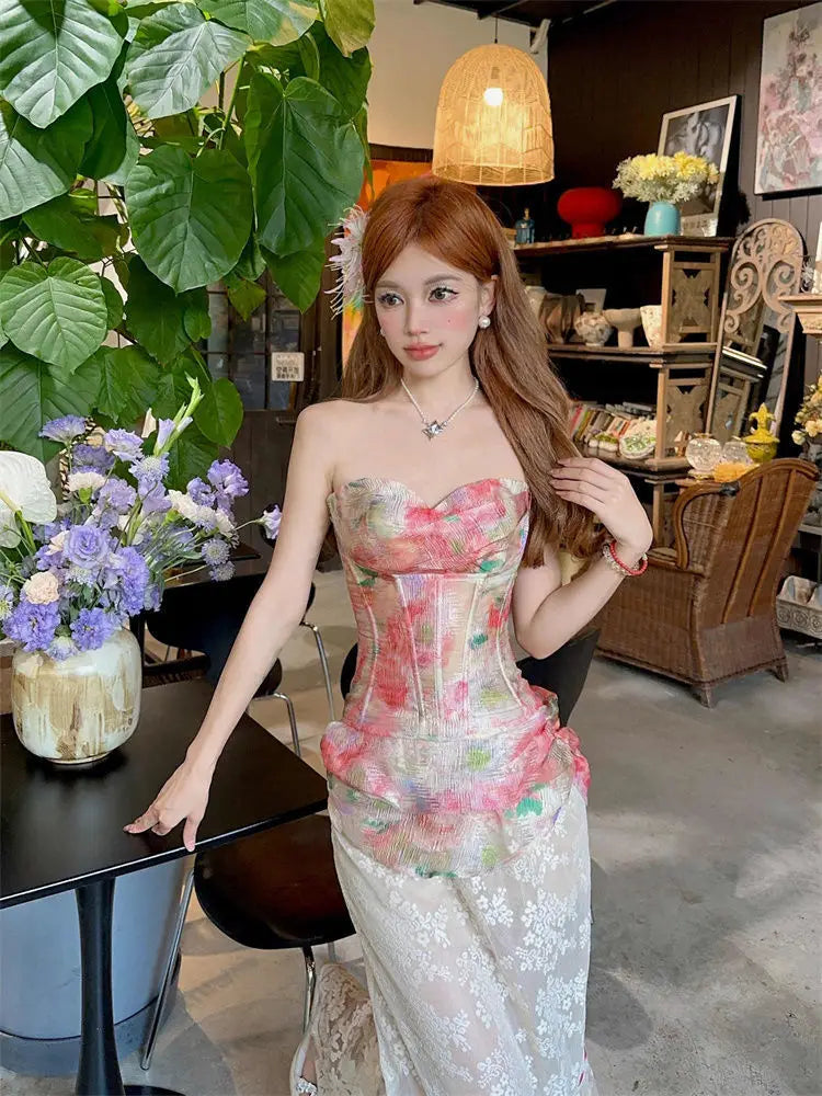 Summer Women Two Piece Set Floral Corset Top and Lace Midi Skirt Elegant Mesh Outfit Slim Fit Vintage French Style Beach Suit