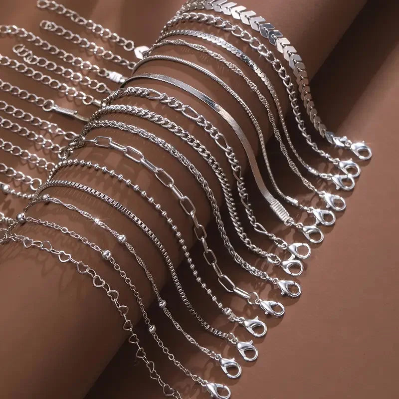 15 Piece Set Silver Color Chain Bead Bracelets for Women Simple Elegant Vacation Beach Party Casual Jewelry Versatile Daily Wear