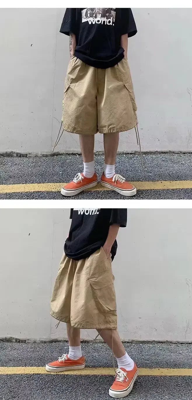 Loose Casual Men's Workwear Shorts Summer Wide Leg Drawstring Five-Quarter Pants Retro Japanese Style Outerwear Shorts