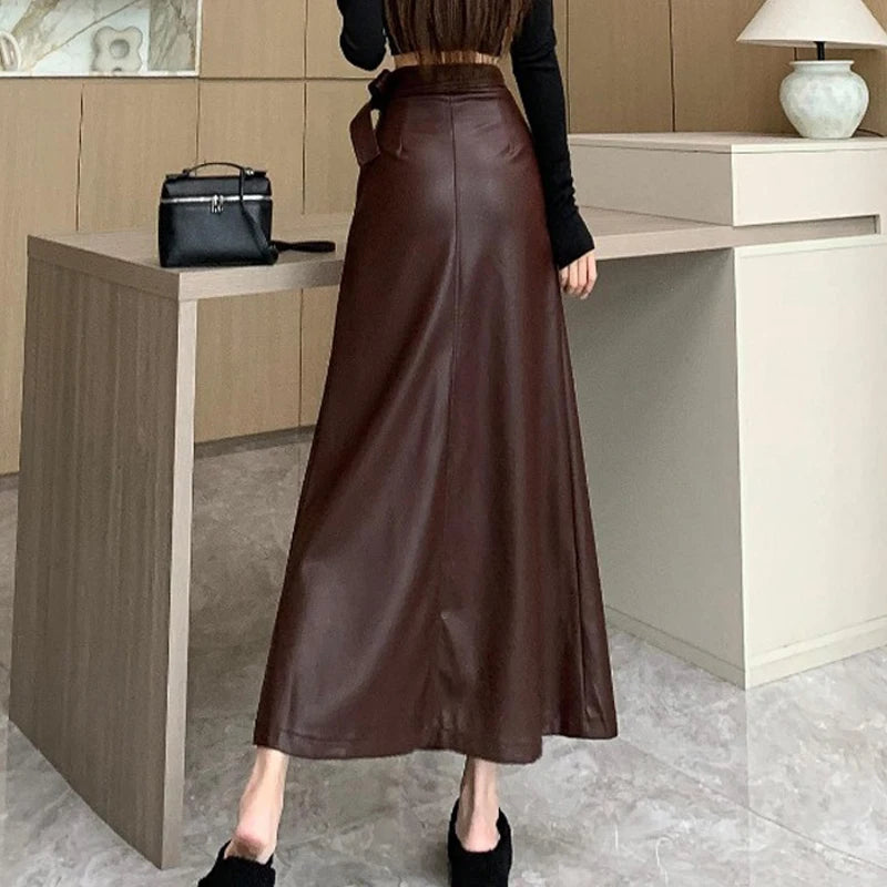 Women Clothing Autumn Winter Vintage Elegant Lace-up PU Leather Long Skirts Female Red High Waist Slim A-line Maxi Skirt Faldas