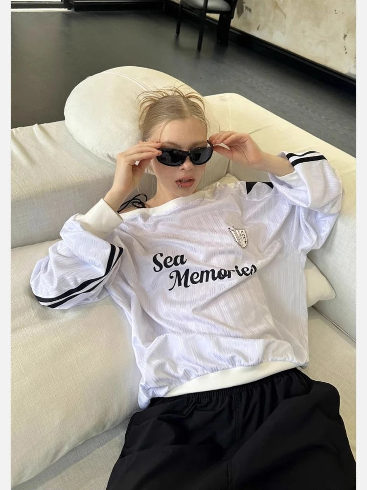 HOUZHOU Y2k Vintage Women Sweatshirts Sloping Shoulder Letter Printed Long Sleeve American Retro Hoodies Loose Gyaru Streetwear