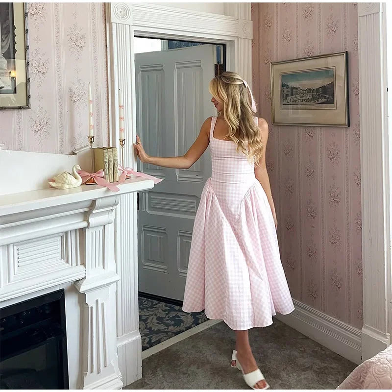 Women Fashion Plaids Pleated High Waist A-line Dress Elegant Sleeveless Backless Slim Long Dresses Summer New Party Streetwear