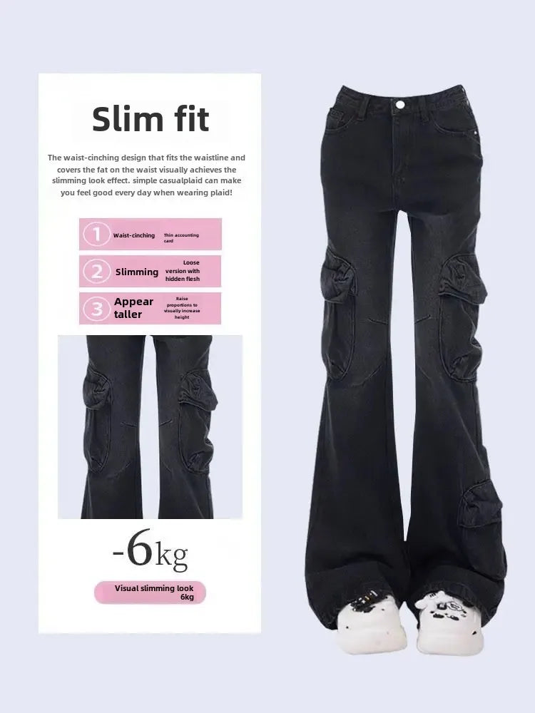 American Style Vintage Black Grey Micro Flared High Waisted Slimming Jeans For Women Trendy Niche Fashion Black Bell Bottom Trou