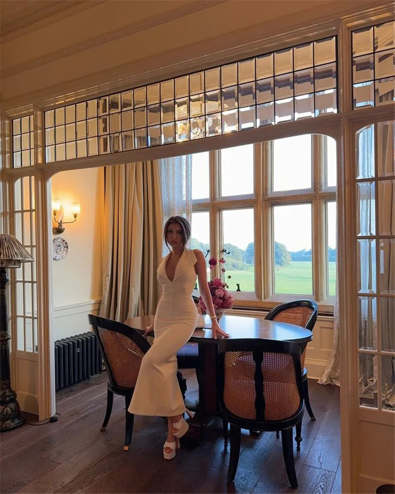 Mozision Halter Deep V Neck Sleeveless Sexy Maxi Dress For Women Elegant Backless Bodycon Tank Dress Femme Fashion Long Dress