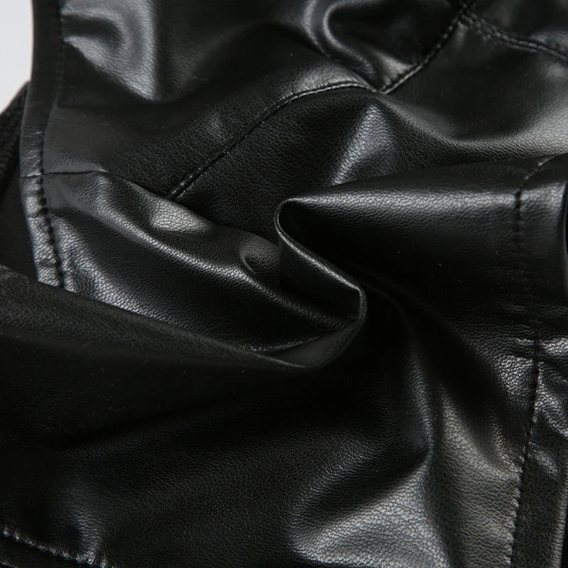 Hot Sexy Gyaru Slim Fit Leather Short Tops Women Halter Up Turn Down Collar Fashion Trendy Backless Design Tanks