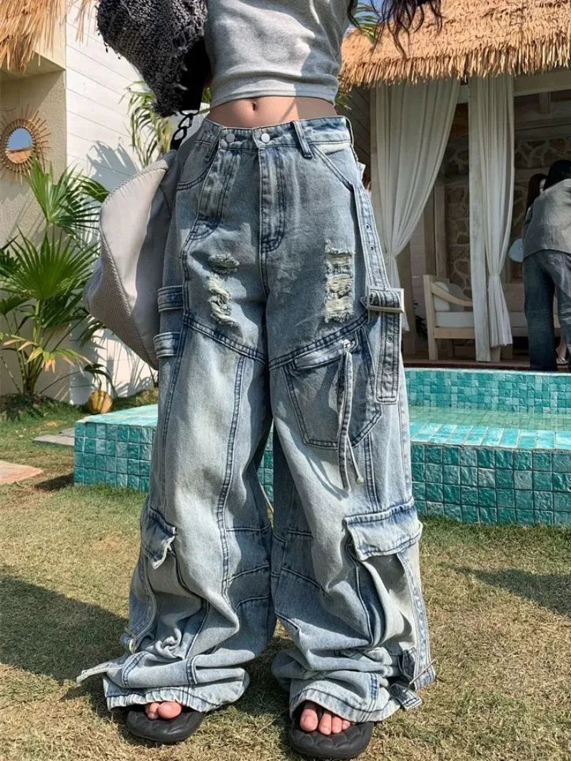 American Fashion Trends Joker Tooling Pocket Baggy Jeans Female Street Y2K New Hip Hop Oversized Wide-leg Pants Unisex Jeans