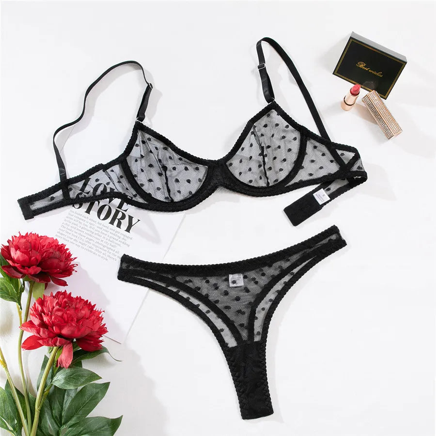Sexy Women Lingerie Sets Lace Underwear Dot Romantic Transparent See Through Exotic Sets Underwire Pink Leopard Bra Brief Set