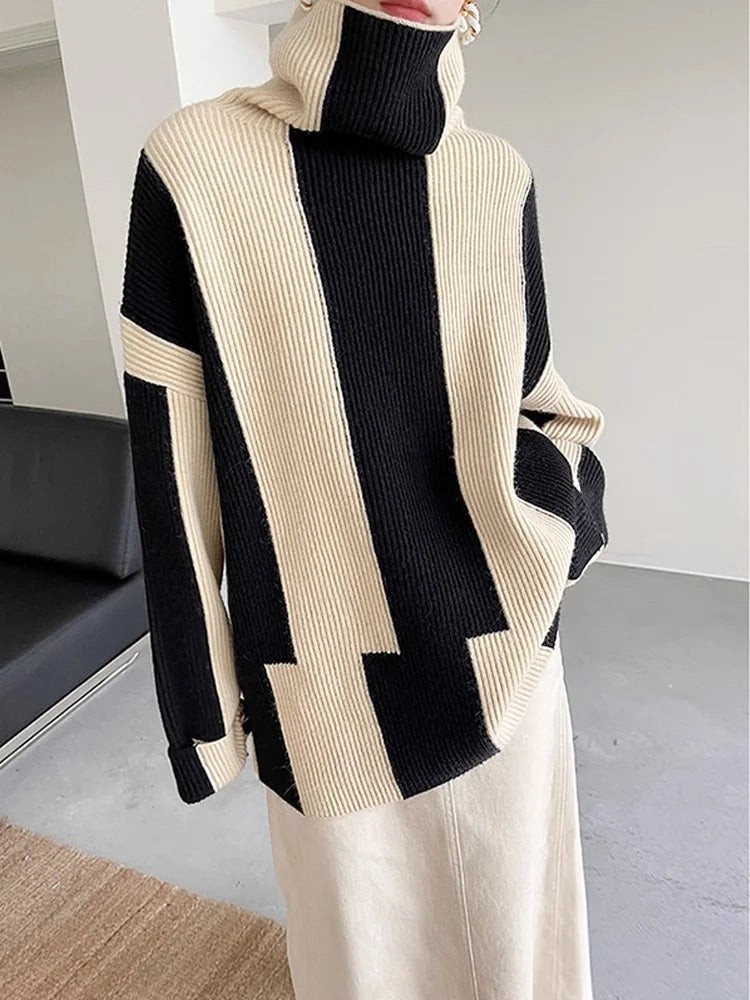 High-crowned Lazy Style Black White Stripe Wool Coat Women Autumn Winter Outdoor Warm Soft Cover Knitted Top Thick