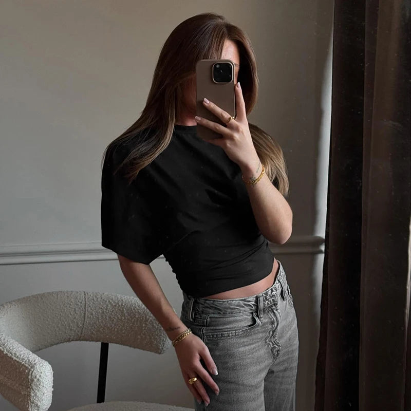 CUTENOVA Women'S Summer Loose Short-Sleeved T-Shirt Tops Waist Slimming Sweet And Hottie Design Sense Positive Shoulder Top