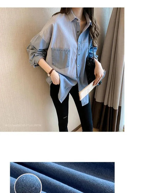 Womens' Splicing Striped Shirt Fashion Spring Autumn Versatile Thin Outerwears Korean Fashion Loose Blue Denim Jackets