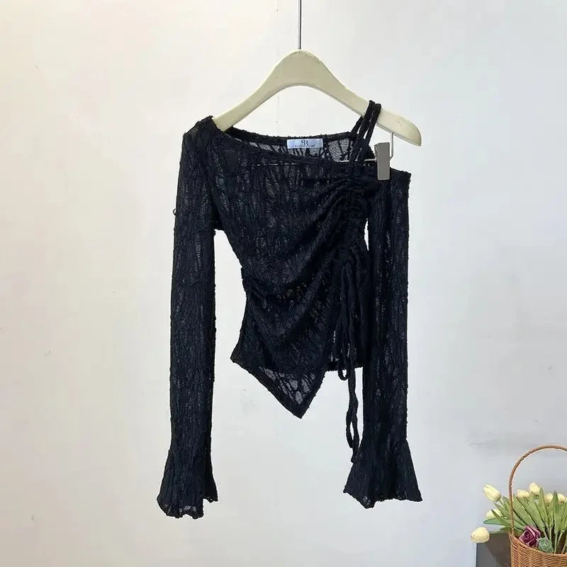 Elegant Shoulder Bared Bell Sleeve One Shoulder Women's Short Top Korean Style Gentle T Shirt for Autumn Fashion Ladies' Wear