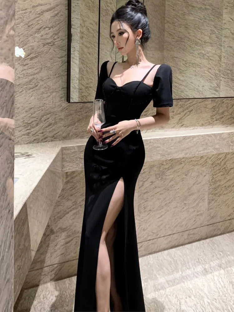 Sexy Spaghetti Straps Womens Dresses Off Shoulder Slash Neck Elegant Gowns Luxurious Evening Party Long Dress Split Vestidos New