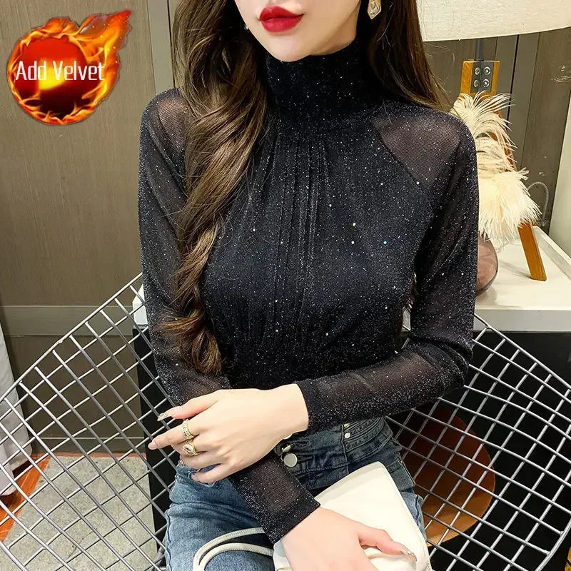Sequin Long Sleeve T Shirt for Women Rhinestone Slim Plain Glitter Tops Woman Korean Popular Clothes With Sleeves Pulovers Kpop
