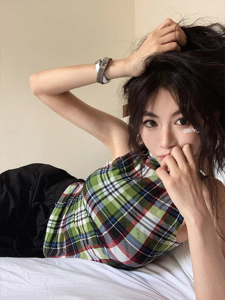 Tonngirls Vintage Tank Tops Plaid Sleeveless Skinny American Retro Crop Tops Grunge Y2k Tank Tops Streetwear Summer Classical