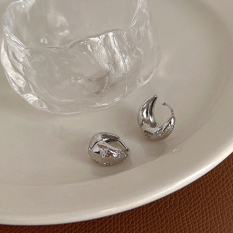 Stainless Steel Smooth Star Zircon Hoop Earrings for Women Girls Metal Chunky Sun Rhinestone Ear Buckle Punk Y2K Elegent Jewelry