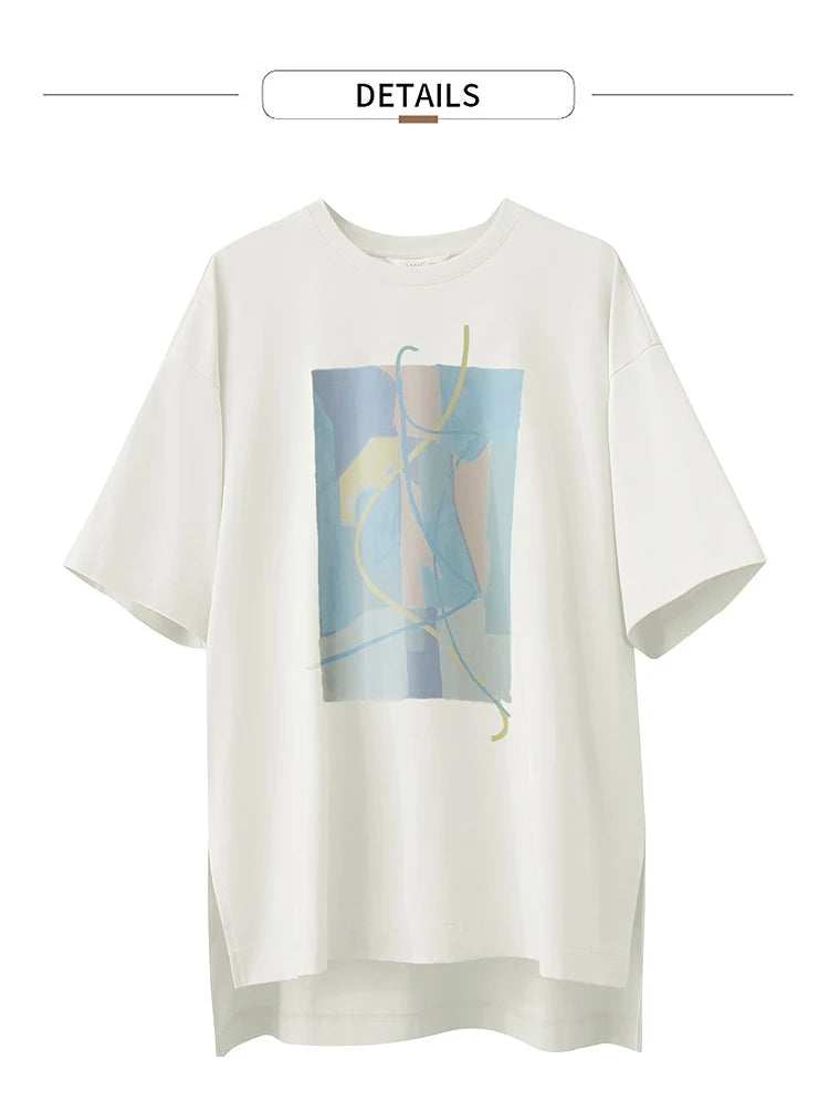 Amii Minimalist Summer T-shirt Women Irregular Design Tops Casual O-neck Abstract Print Loose Dropped Shoulder T-shirt 12522081
