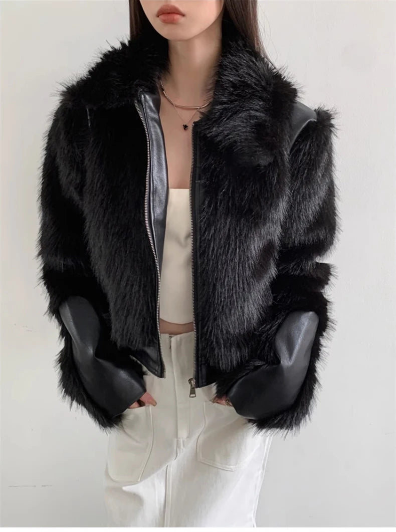 Lautaro Autumn Winter Cool Short Black Soft Thickened Warm Hairy Shaggy Patchwork Faux Fox Fur Coat Women Fluffy Jacket 2023