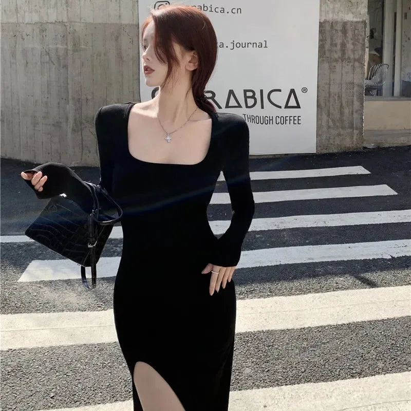 Slim Fitting Warp Hip Dress Sexy Side Slit Long Sleeve Spring Summer 2025 New Black Maxi Dresses Bodycon Women Streetwear Robe