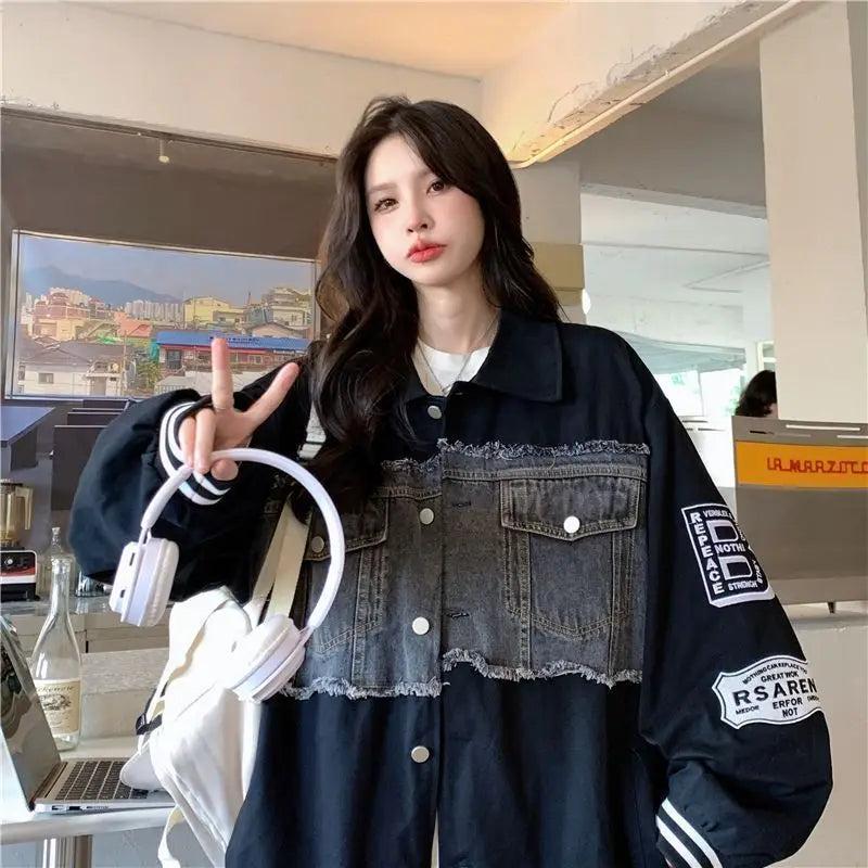 Denim Jacket Embroidered Baseball Uniforms Bomber Jackets Streetwear Harajuku Y2k Tops Trench Coats Hip Hop Long Sleeve Coats