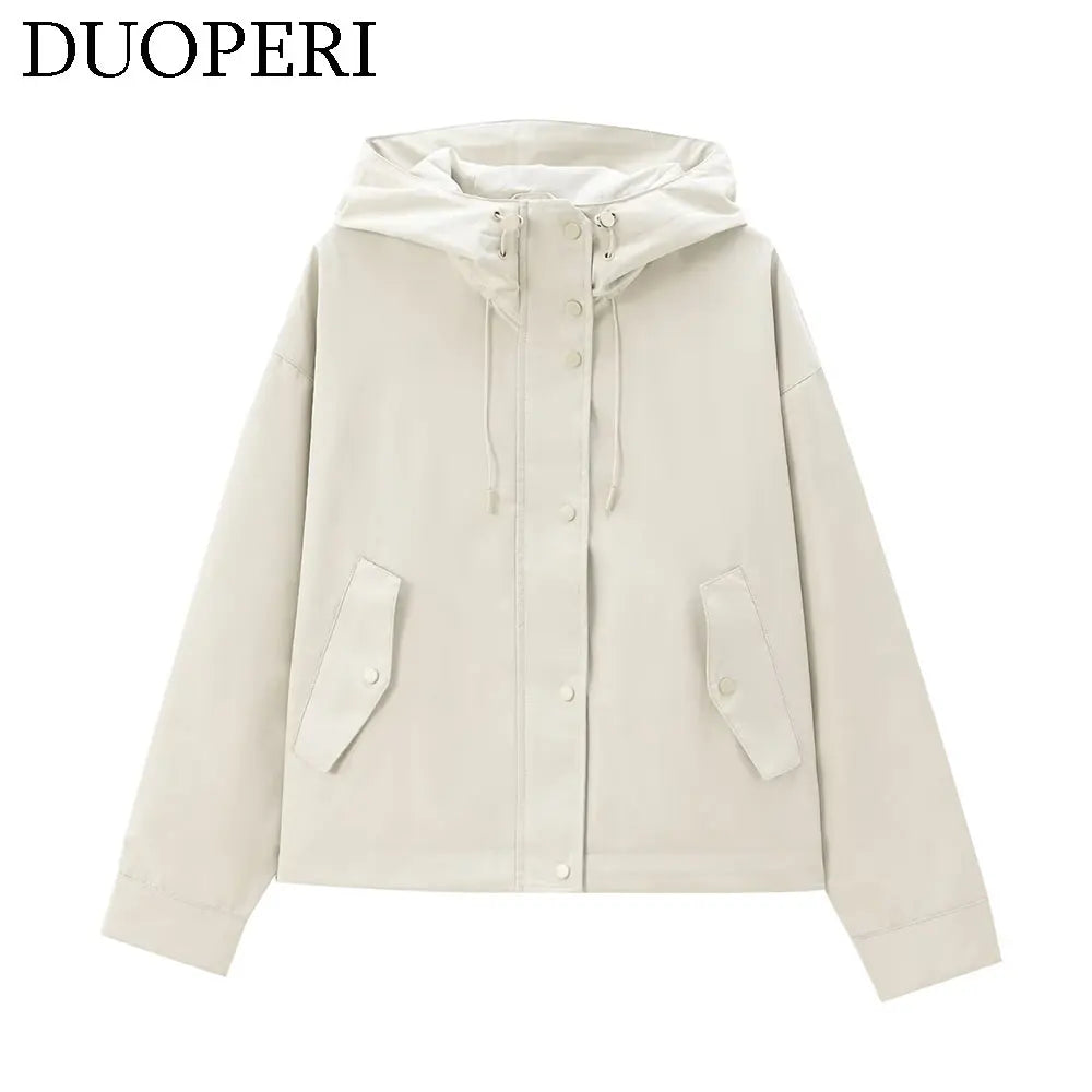 DUOPERI Women Fashion Spring Autumn Solid Jacket with Hat Long Sleeves Female Chic Lady Casual Outfits
