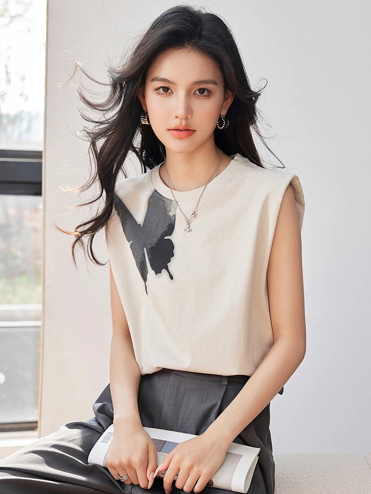 Butterfly Print T Shirt Y2k Harajuku High Street Fashion Casual Women T-shirt Summer New Sleeveless Top Tees Clothes
