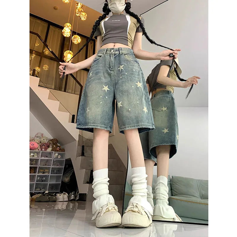 American Style Vintage Women's Short Jeans High Waisted Washed Wide Leg Denim Pants Woman Fashion Do Old Star Knee Length Shorts