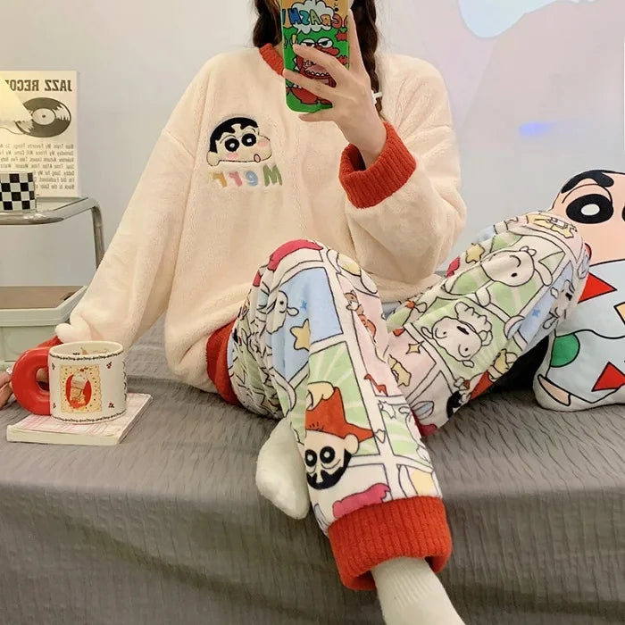 Transborder Flannel Pyjamas Women's Autumn Winter Round Neck Long Sleeve Cute Japanese Cartoon Student Warm Home Clothes Set