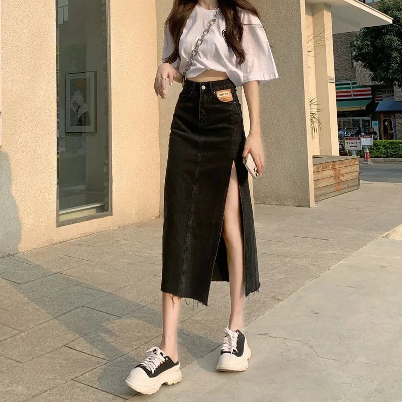Mid-Length Denim Mini Skirt for Women High Waist Slimming Split Knee-Length Summer Trendy Cotton Half Body Skirts